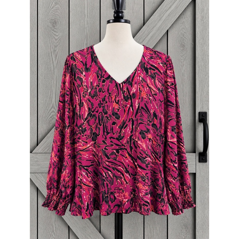 Belle by Kim Gravel Blouse 2X Magenta Pink Abstract Animal Print Smocked Cuff